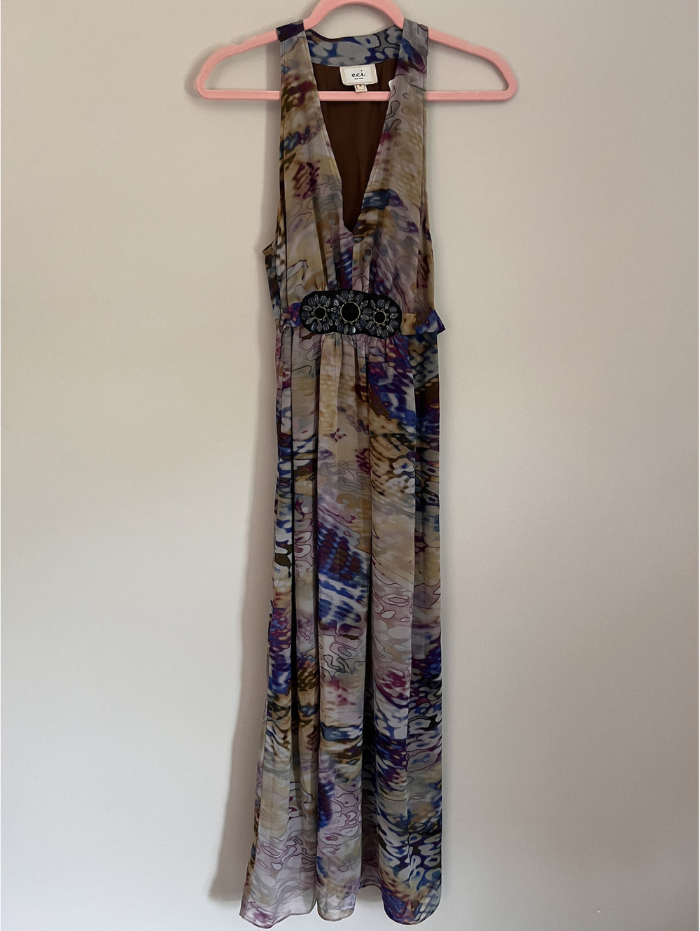 Y2K Eci New York V Neck Purple/Brown/Blue Beaded Detail Maxi Dress